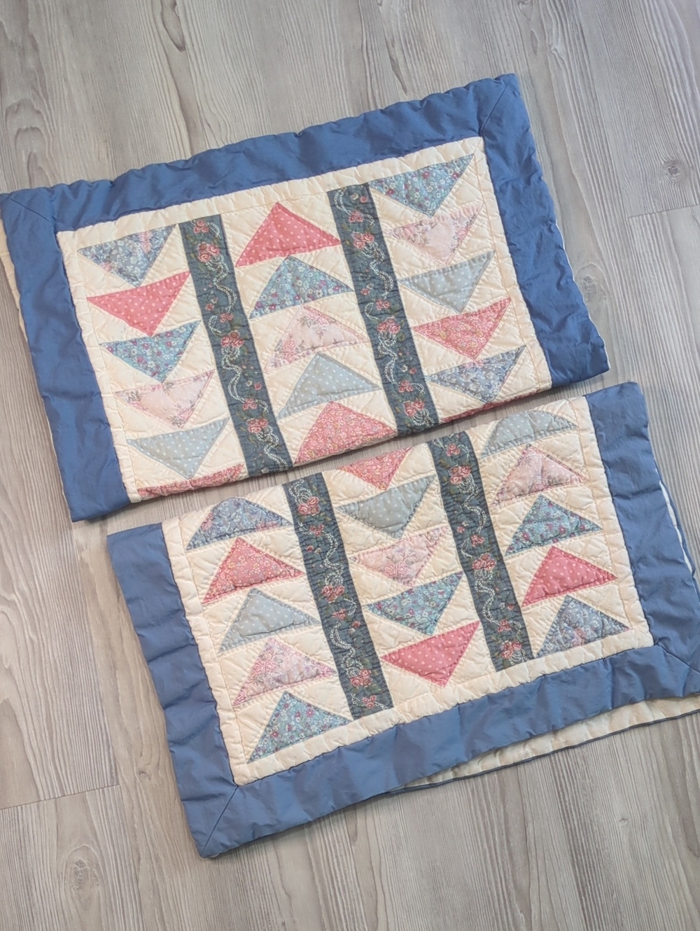 Vintage Patchwork Quilted Pillowcases Set of 2 Standard Blue Pink Floral Cottage